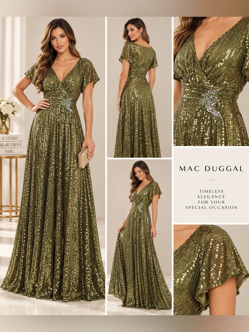 Mac Duggal Olive Sequin Embellished Formal Maxi Gown Size 2 NWT